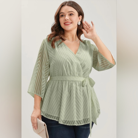 Geometric Mesh Surplice Neck Belted Ruffles Blouse - Picture 2 of 5